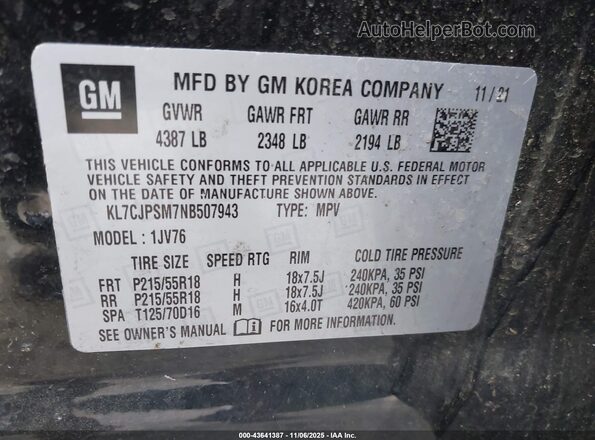 KL7CJPSM7NB507943 2022 CHEVROLET TRAX Черный Вид подкапотного пространства