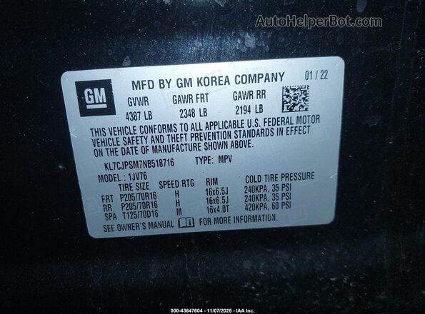 KL7CJPSM7NB518716 2022 CHEVROLET TRAX Black Vista del compartimento del motor
