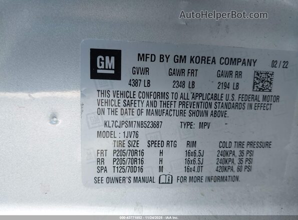 KL7CJPSM7NB523687 2022 CHEVROLET TRAX Серебряный Вид подкапотного пространства