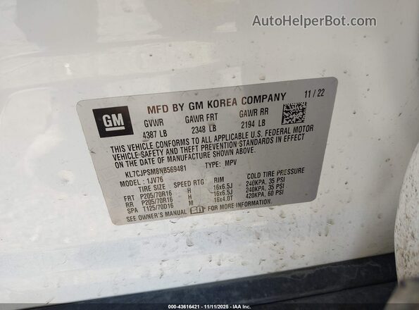 KL7CJPSM8NB569481 2022 CHEVROLET TRAX White Vista del compartimento del motor