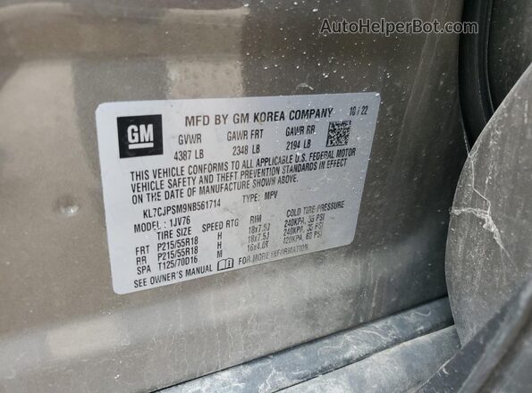 KL7CJPSM9NB561714 2022 CHEVROLET TRAX Brown Widok naklejki z numerem VIN