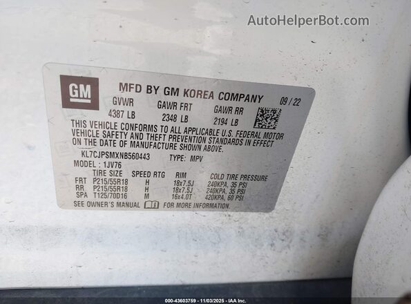 KL7CJPSMXNB560443 2022 CHEVROLET TRAX Белый Вид подкапотного пространства