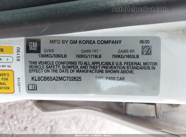 KL8CB6SA2MC702625 2021 CHEVROLET SPARK White 