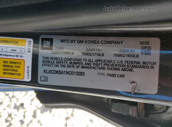 KL8CD6SA1NC013283 2022 CHEVROLET SPARK Gray Vista de la etiqueta del VIN