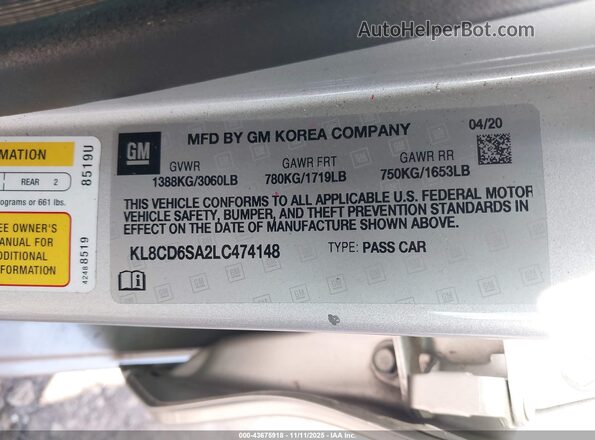 KL8CD6SA2LC474148 2020 CHEVROLET SPARK Silver Vista del compartimento del motor