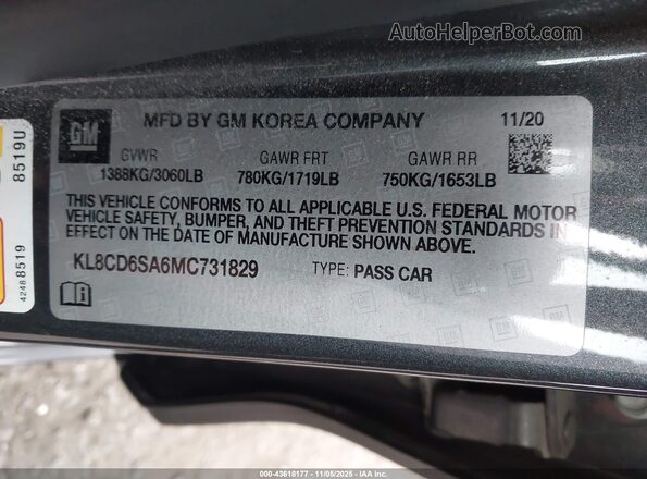 KL8CD6SA6MC731829 2021 CHEVROLET SPARK Gray 