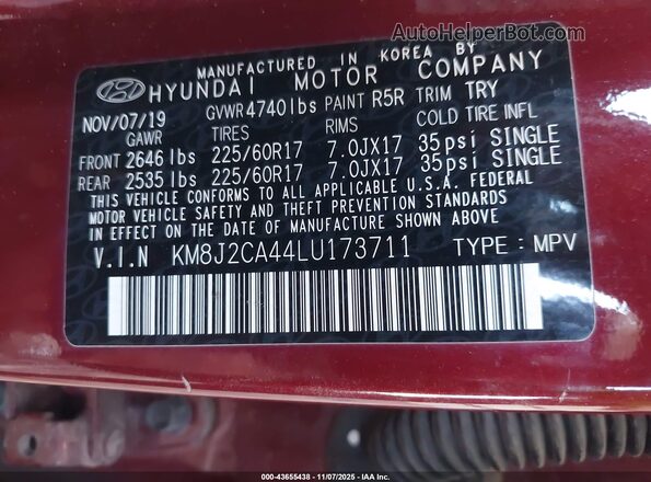 KM8J2CA44LU173711 2020 HYUNDAI TUCSON Maroon ძრავის განყოფილების ხედი