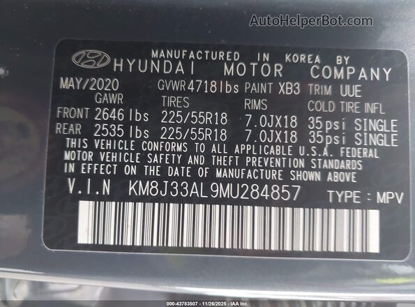 KM8J33AL9MU284857 2021 HYUNDAI TUCSON Gray Շարժիչի բաժամունքի տեսք