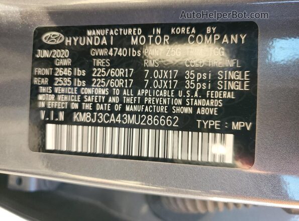 KM8J3CA43MU286662 2021 HYUNDAI TUCSON Gray VIN sticker view