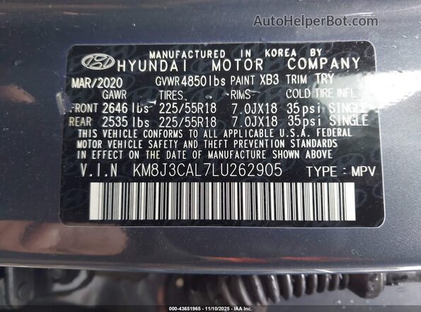 KM8J3CAL7LU262905 2020 HYUNDAI TUCSON Blue Widok komory silnika