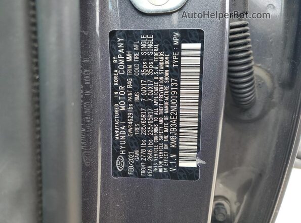 KM8JB3AE2NU019137 2022 HYUNDAI TUCSON Gray VIN კოდის სტიკერის ხედი