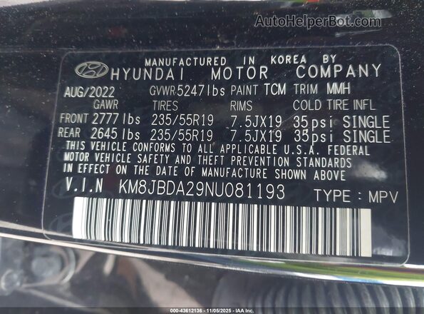 KM8JBDA29NU081193 2022 HYUNDAI TUCSON PLUG-IN HYBRID Black Widok komory silnika