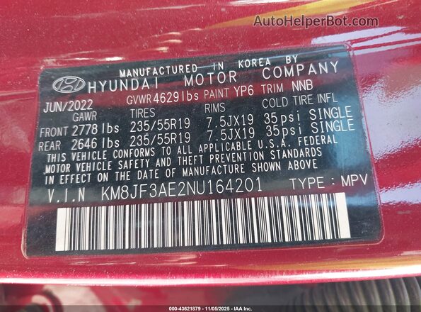 KM8JF3AE2NU164201 2022 HYUNDAI TUCSON Red Vista del compartimento del motor