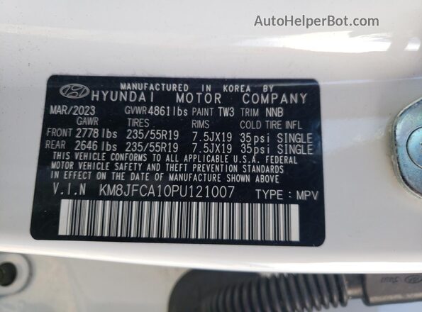 KM8JFCA10PU121007 2023 HYUNDAI TUCSON White Вид наклейки з VIN-кодом