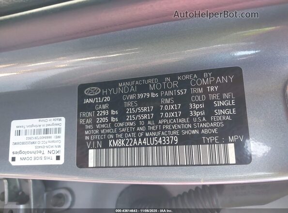 KM8K22AA4LU543379 2020 HYUNDAI KONA Silver Engine compartment view