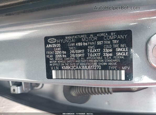KM8K2CAA3MU617270 2021 HYUNDAI KONA Blue 
