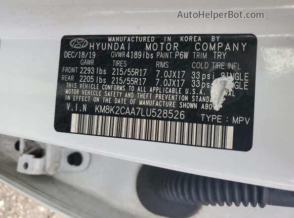 KM8K2CAA7LU528526 2020 HYUNDAI KONA White Вид наклейки з VIN-кодом