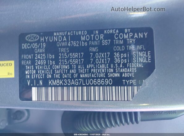 KM8K33AG7LU068690 2020 HYUNDAI KONA ELECTRIC Blue Widok komory silnika