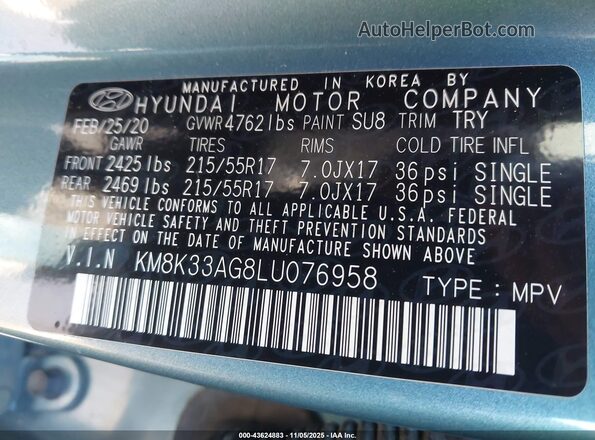 KM8K33AG8LU076958 2020 HYUNDAI KONA ELECTRIC Turquoise Widok komory silnika