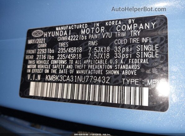 KM8K3CA31NU779432 2022 HYUNDAI KONA Синий Вид подкапотного пространства