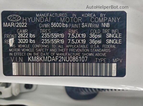 KM8KMDAF2NU086107 2022 HYUNDAI IONIQ White Vista de la etiqueta del VIN