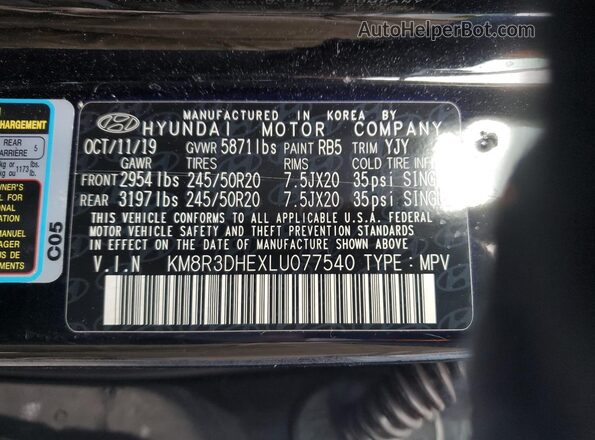 KM8R3DHEXLU077540 2020 HYUNDAI PALISADE Black VIN კოდის სტიკერის ხედი