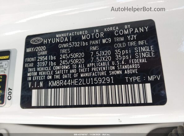 KM8R44HE2LU159291 2020 HYUNDAI PALISADE White ძრავის განყოფილების ხედი