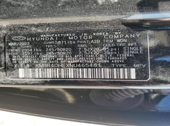 KM8R4DHEXNU465481 2022 HYUNDAI PALISADE Черный Панорамный вид салона 360°