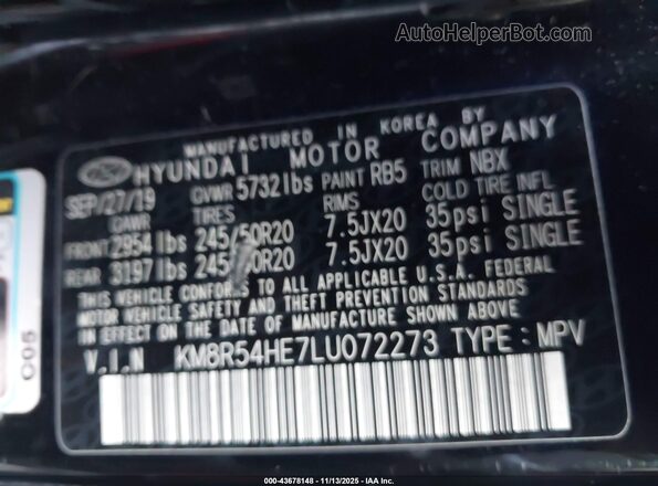 KM8R54HE7LU072273 2020 HYUNDAI PALISADE Black 