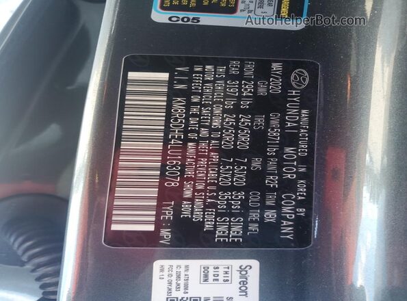 KM8R5DHE4LU163078 2020 HYUNDAI PALISADE Серый Вид наклейки с VIN-кодом
