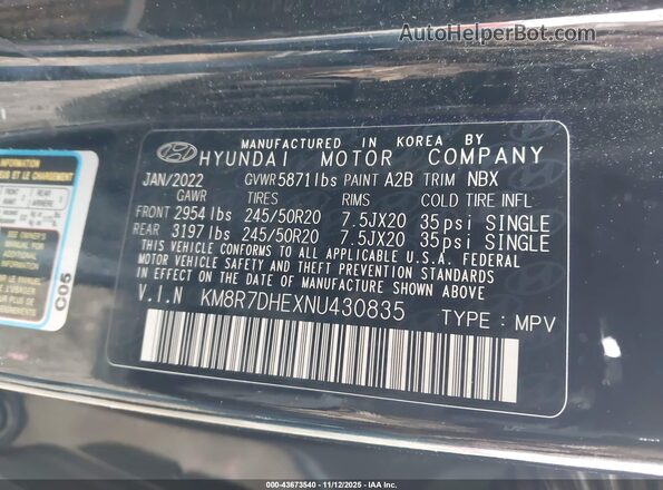 KM8R7DHEXNU430835 2022 HYUNDAI PALISADE Black Widok komory silnika