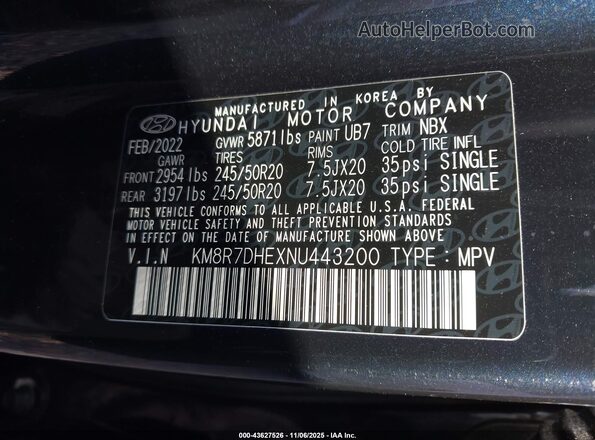 KM8R7DHEXNU443200 2022 HYUNDAI PALISADE Черный Вид подкапотного пространства