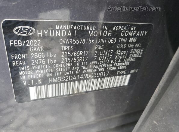 KM8S2DA14NU039817 2022 HYUNDAI SANTA Серый Вид наклейки с VIN-кодом