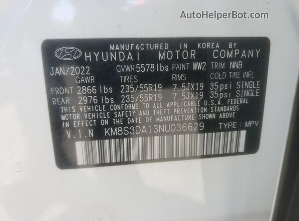 KM8S3DA13NU036629 2022 HYUNDAI SANTA Белый Панорамный вид салона 360°