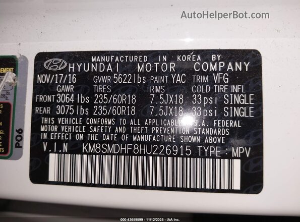 KM8SMDHF8HU226915 2017 HYUNDAI SANTA FE White 