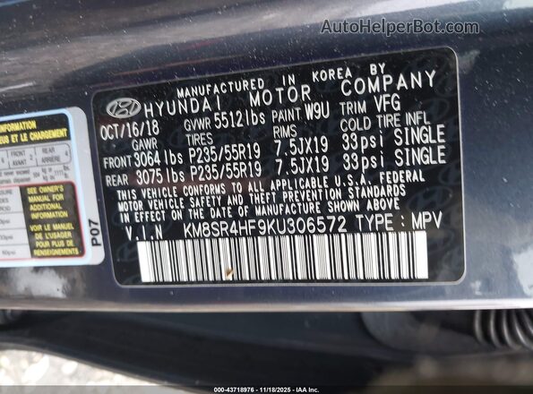 KM8SR4HF9KU306572 2019 HYUNDAI SANTA FE XL Gray 