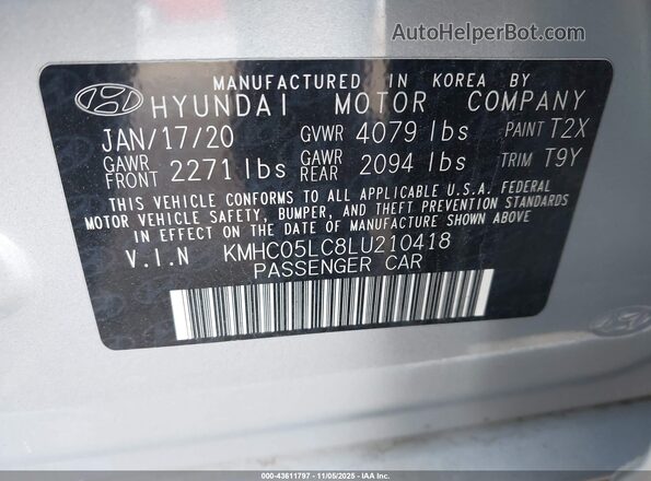 KMHC05LC8LU210418 2020 HYUNDAI IONIQ HYBRID Silver Շարժիչի բաժամունքի տեսք