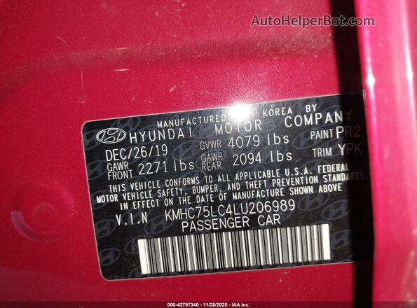 KMHC75LC4LU206989 2020 HYUNDAI IONIQ HYBRID Red Вид підкапотного простору
