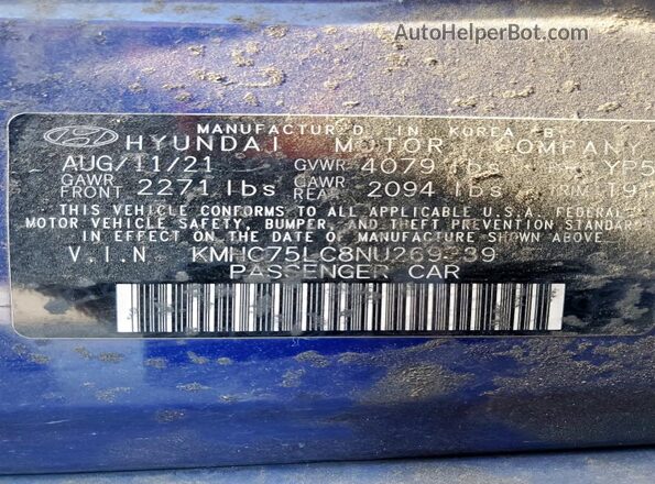 KMHC75LC8NU269239 2022 HYUNDAI IONIQ Синий Вид наклейки с VIN-кодом