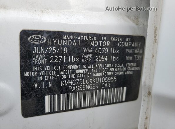 KMHC75LCXKU105955 2019 HYUNDAI IONIQ White 