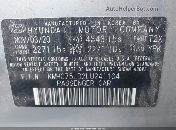 KMHC75LD2LU241104 2020 HYUNDAI IONIQ PLUG-IN HYBRID Серебряный 