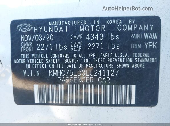 KMHC75LD3LU241127 2020 HYUNDAI IONIQ PLUG-IN HYBRID White 