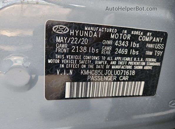 KMHC85LJ0LU071618 2020 HYUNDAI IONIQ Gray Widok naklejki z numerem VIN
