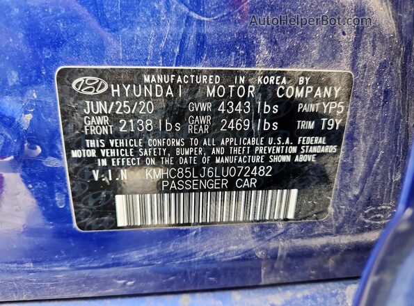 KMHC85LJ6LU072482 2020 HYUNDAI IONIQ Blue VIN კოდის სტიკერის ხედი