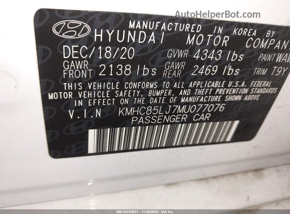 KMHC85LJ7MU077076 2021 HYUNDAI IONIQ ELECTRIC White VIN sticker view