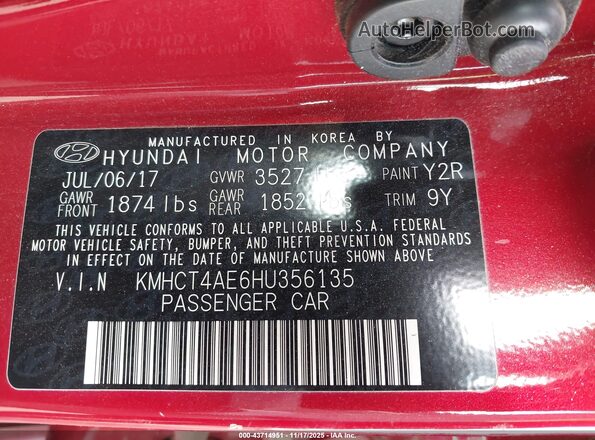 KMHCT4AE6HU356135 2017 HYUNDAI ACCENT Red 