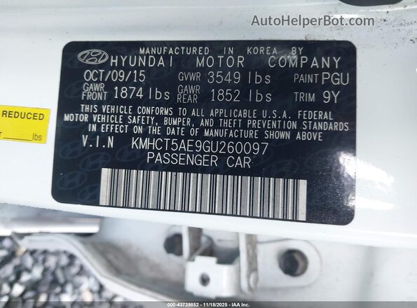 KMHCT5AE9GU260097 2016 HYUNDAI ACCENT White Widok komory silnika