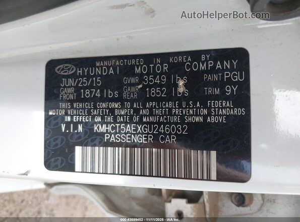 KMHCT5AEXGU246032 2016 HYUNDAI ACCENT Белый Вид подкапотного пространства