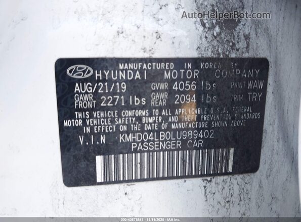 KMHD04LB0LU989402 2020 HYUNDAI ELANTRA White Вид підкапотного простору