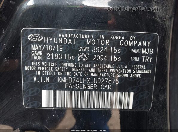 KMHD74LFXLU927875 2020 HYUNDAI ELANTRA Black 